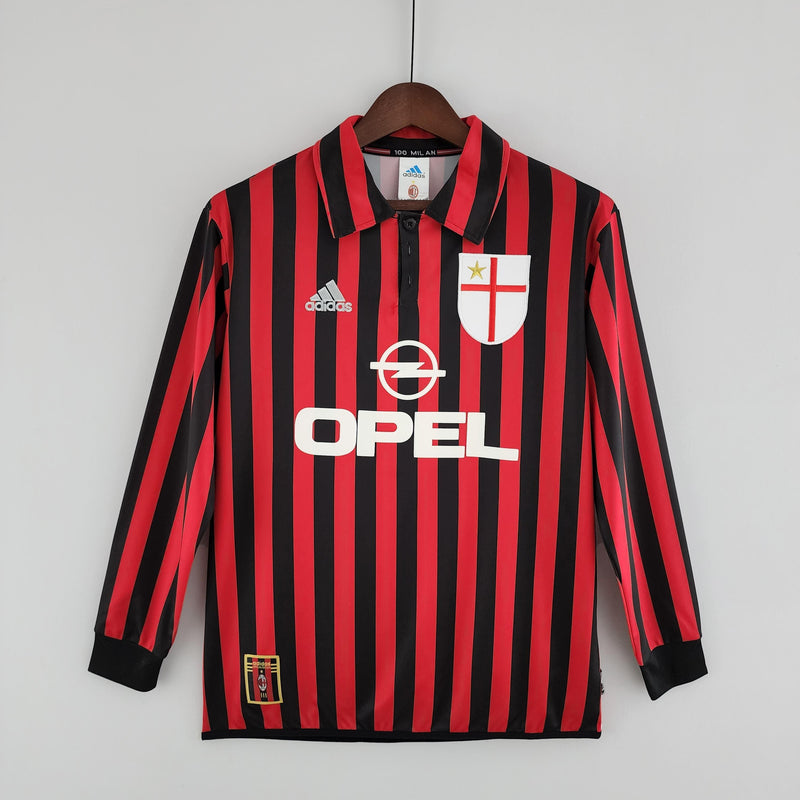 Camisa Manga Longa Milan Home 1999/00 - Adidas Retrô  Masculina - Vermelha/Preta
